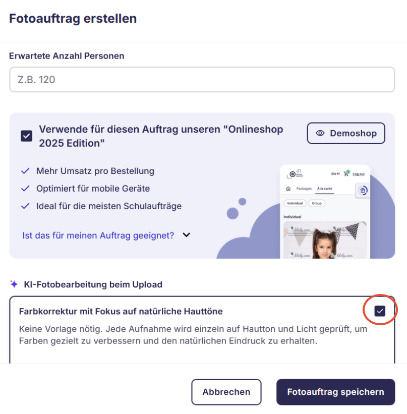 Aktivierung der Farbkorrektur in den Auftragseinstellungen