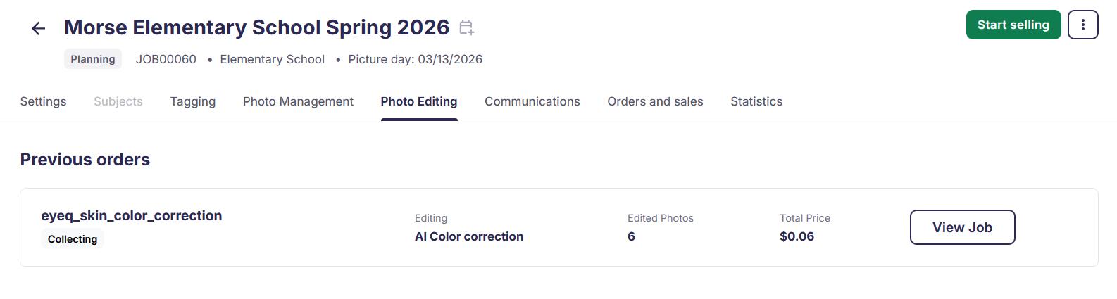 Photo Editing Tab view with costs display