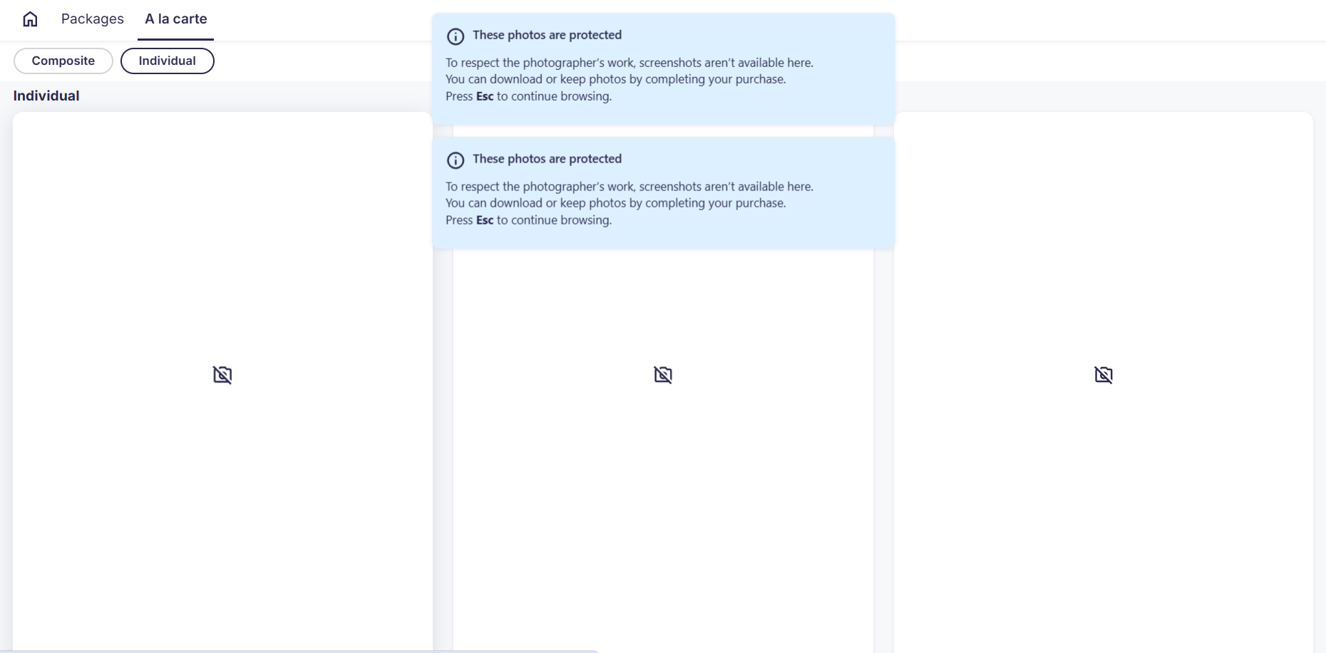 Protected photo previews with screenshot blocking notice