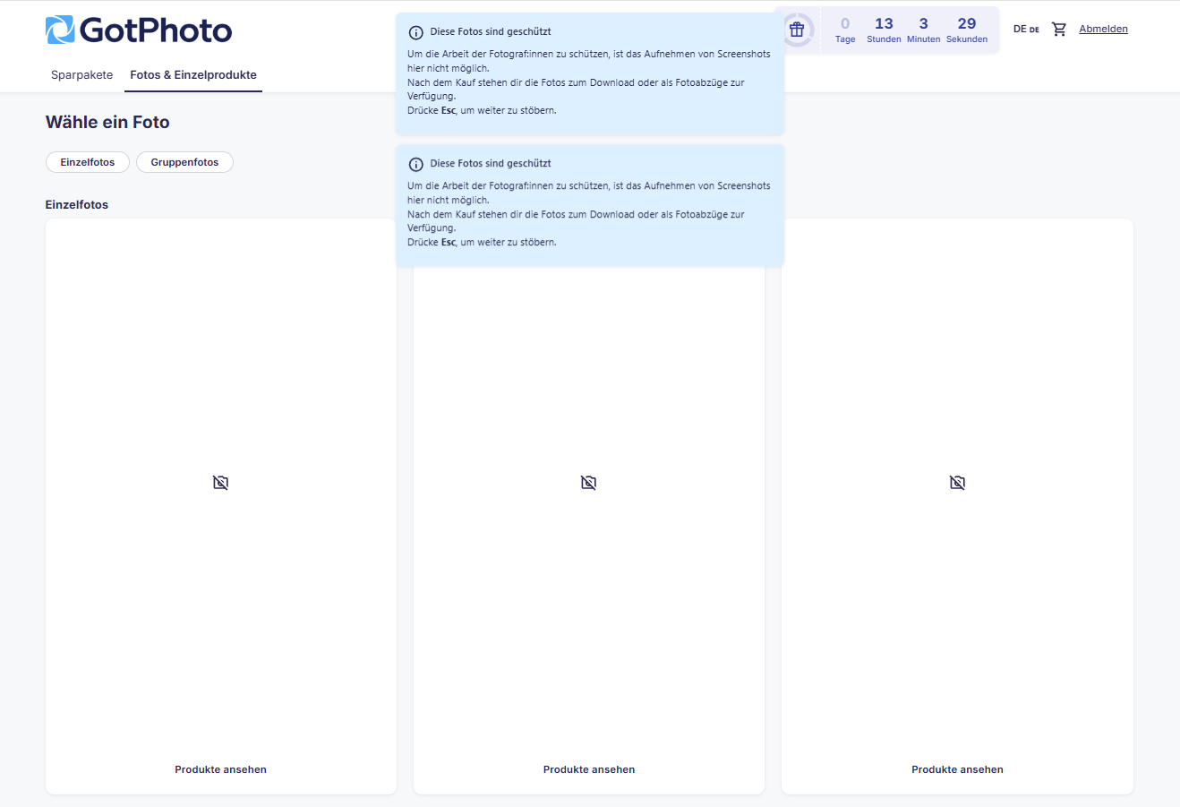 eschützte Fotos mit Hinweis zum Screenshot-Schutz