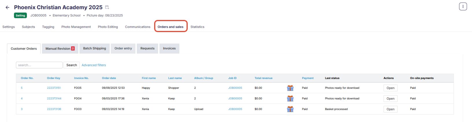 Orders tab within a specific Photo Job