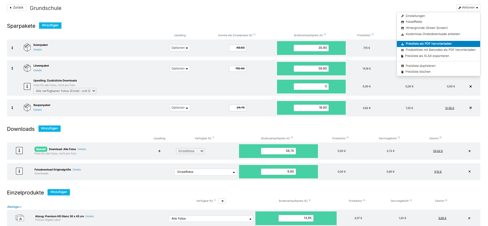 Preislistenansicht: Oben rechts ist das Menü „Aktionen“ geöffnet, in dem die Option „Preisliste als PDF herunterladen“ hervorgehoben ist.