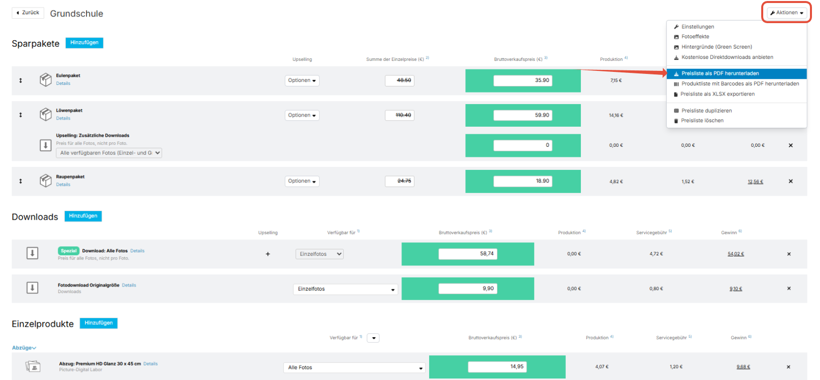 Preislistenansicht: Oben rechts ist das Menü „Aktionen“ geöffnet, in dem die Option „Preisliste als PDF herunterladen“ hervorgehoben ist.