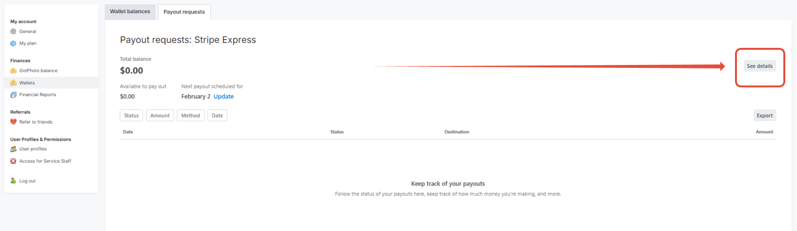 GotPhoto payout request page with options highlighted