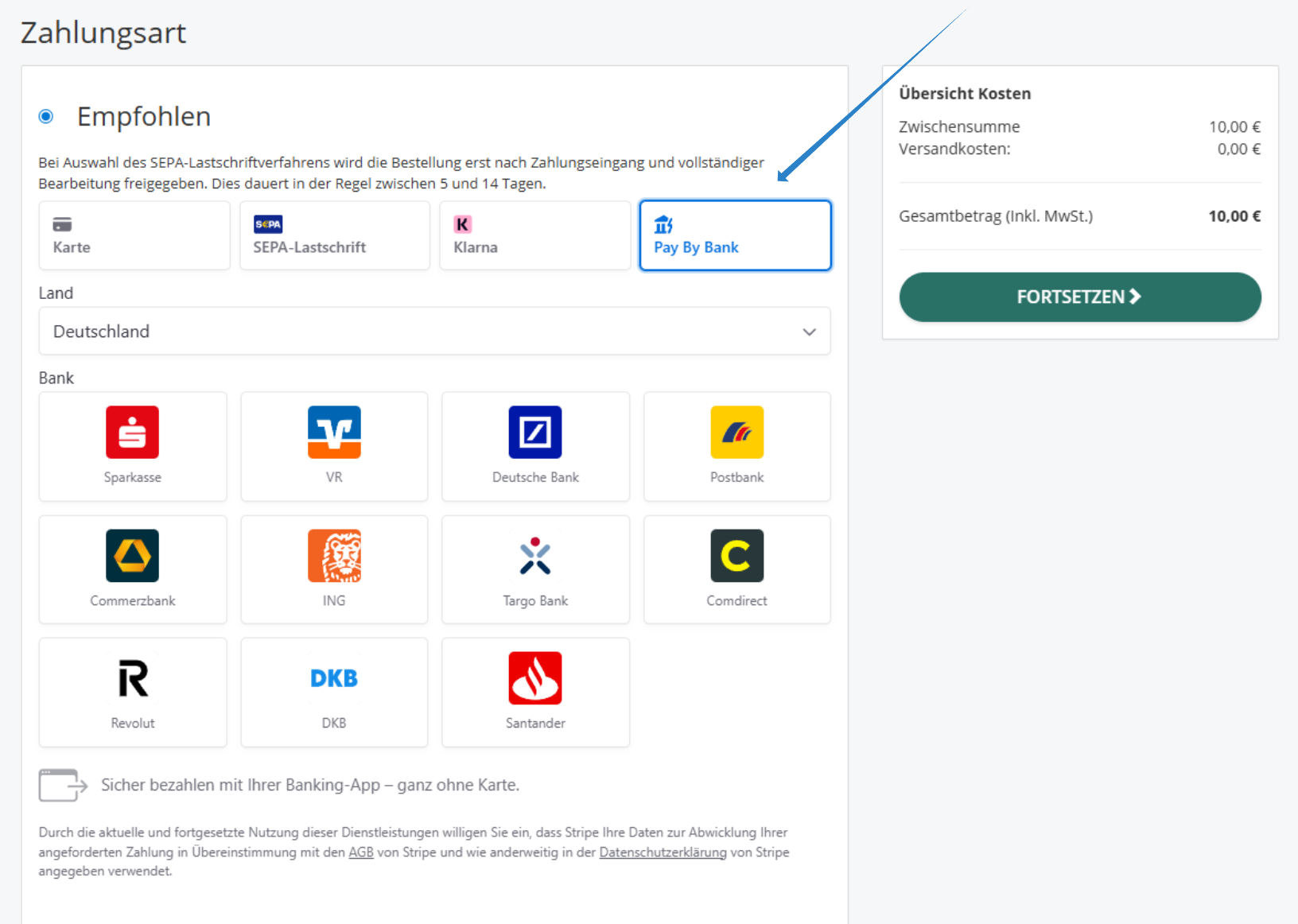 Pay by Bank Kundenansicht im Warenkorb
