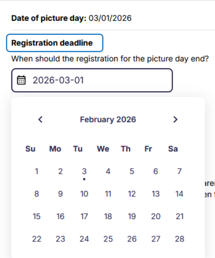 "Registration for Picture Day" day picker 