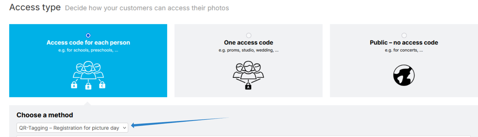 Access type set to “access code for each person,” with “QR tagging – registration for picture day” selected.