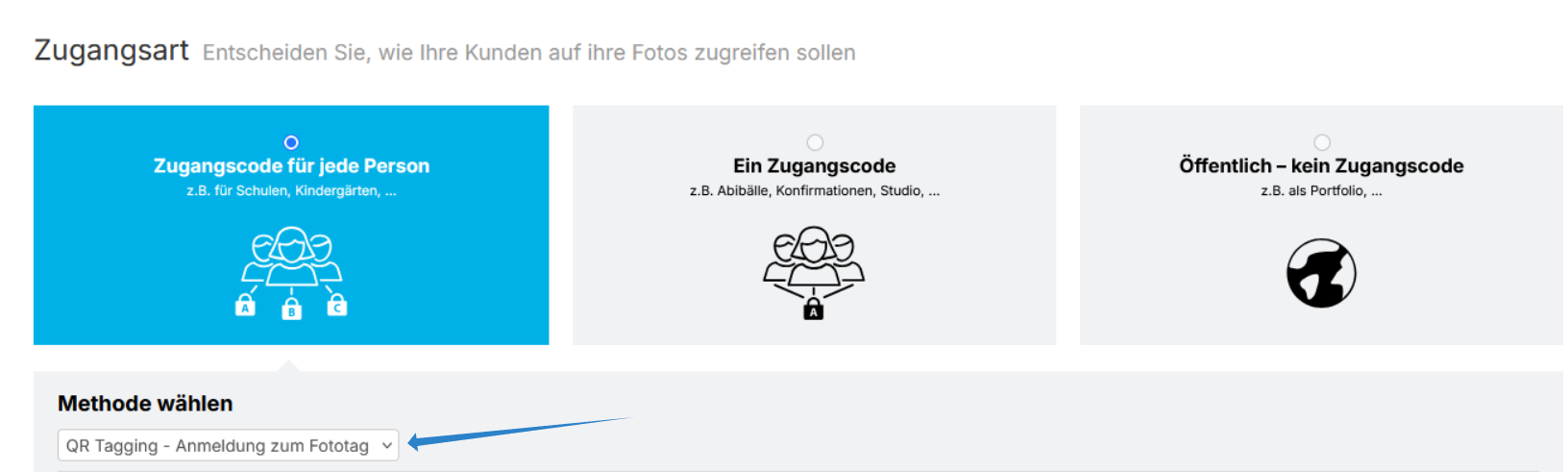Zugangsart mit ausgewähltem ‚Zugangscode für jede Person‘ und Methode ‚QR-Tagging – Anmeldung zum Fototag