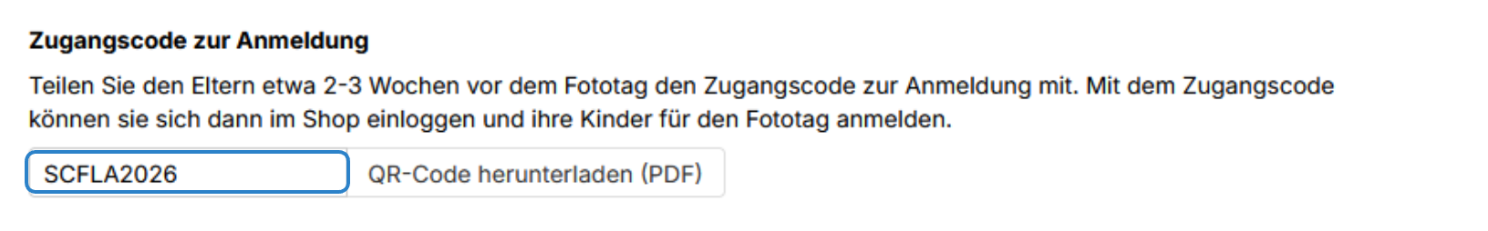 Zugangscode- Feld für Anmeldung zum Fototag. Daneben der QR Code zum Herunterladen.