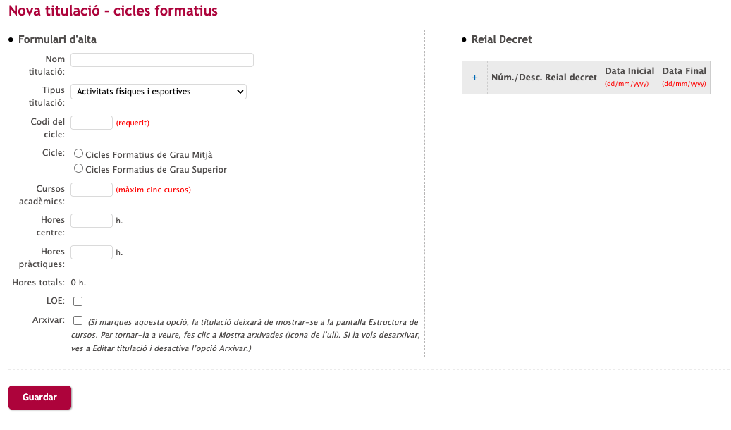 Interfaz de usuario gráfica, muestra cómo Archivar una titulación.