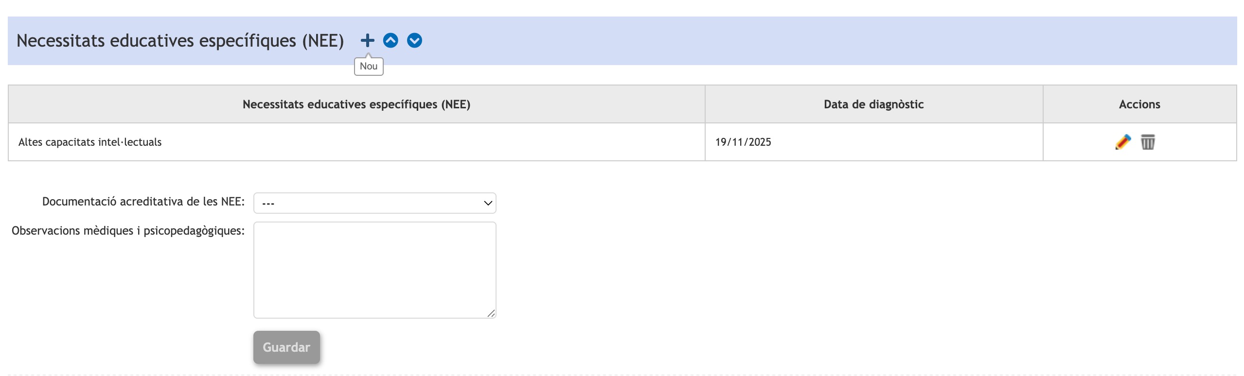 Interfaz de usuario gráfica, muestra cómo Añadir una Necesidad educativa específica..