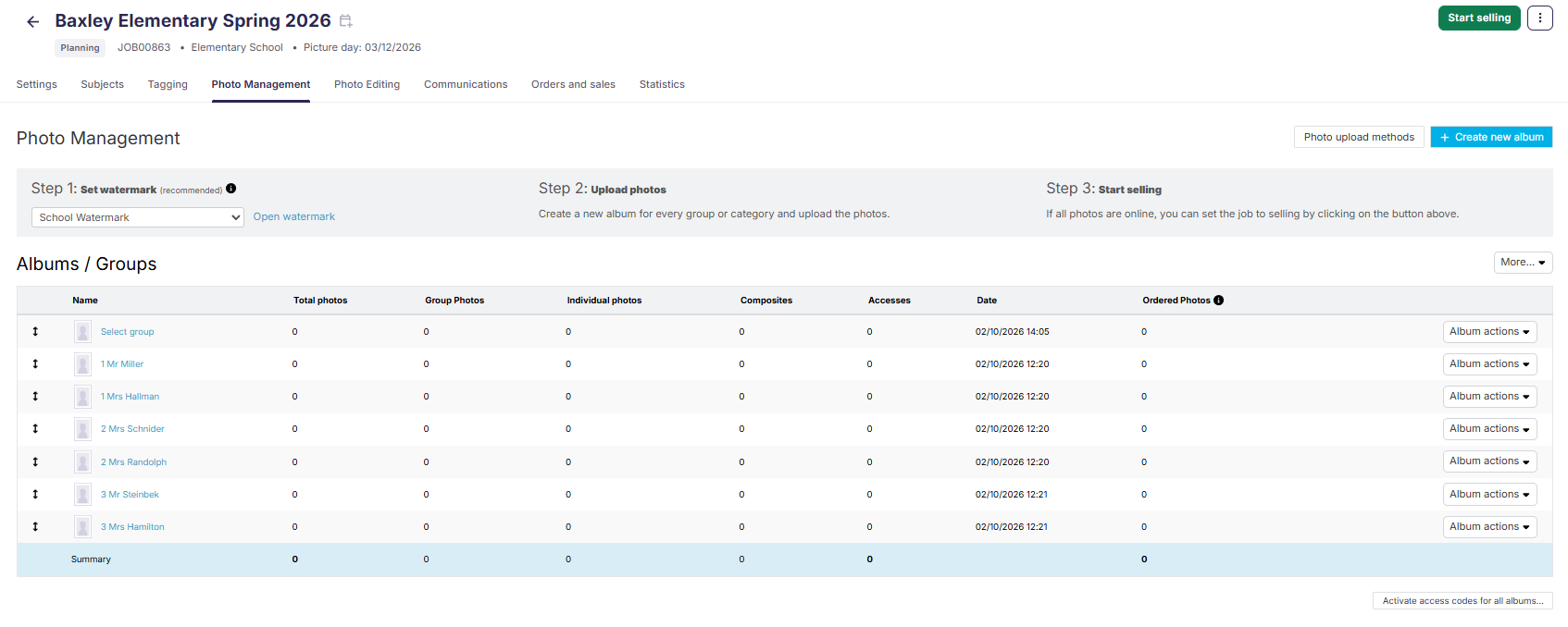 Album list: 'Select Group', '7th Grade', etc.
