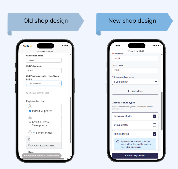 Customer view in the legacy shop and new shop: Picture type selection