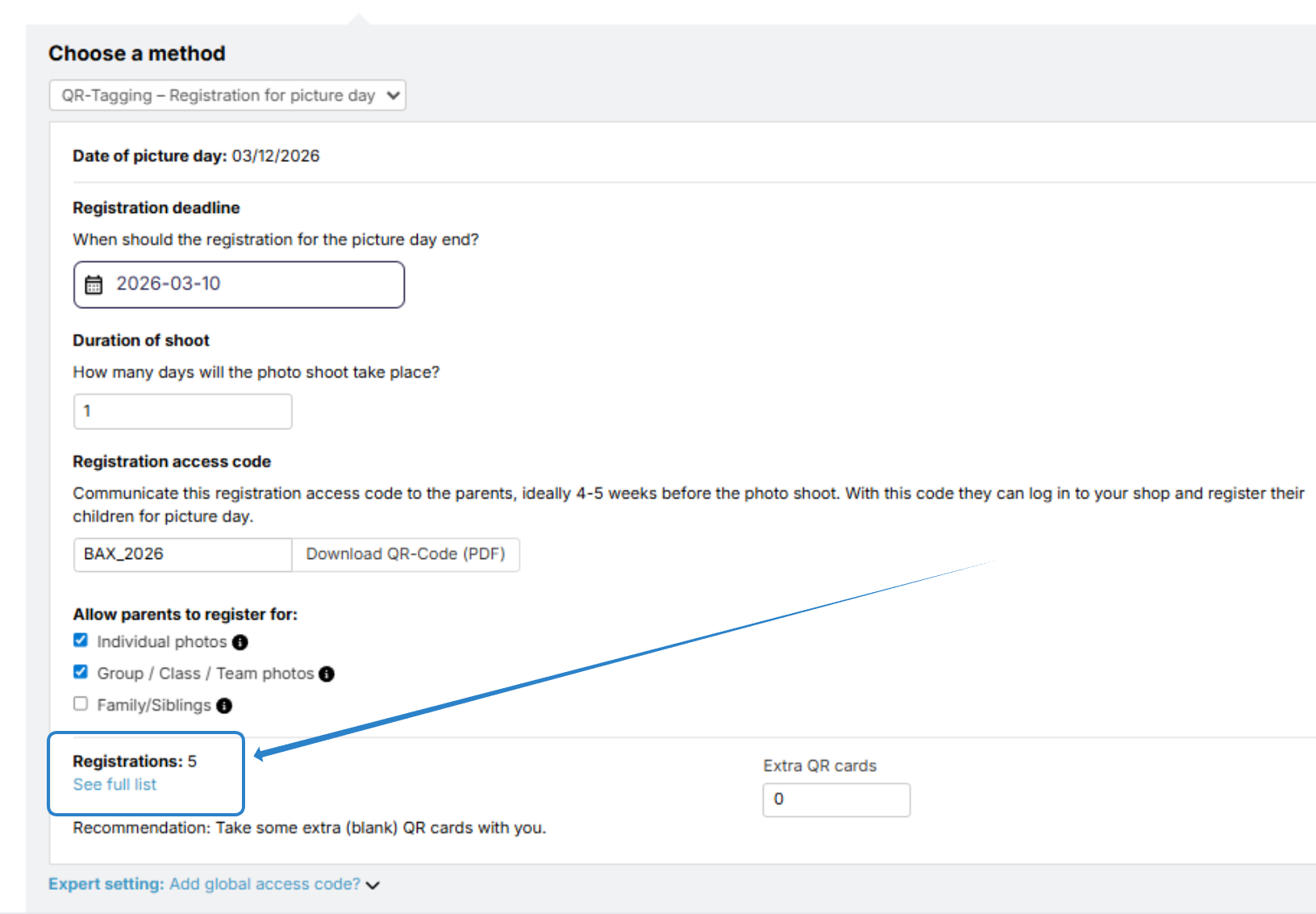 QR tagging registration options highlighted