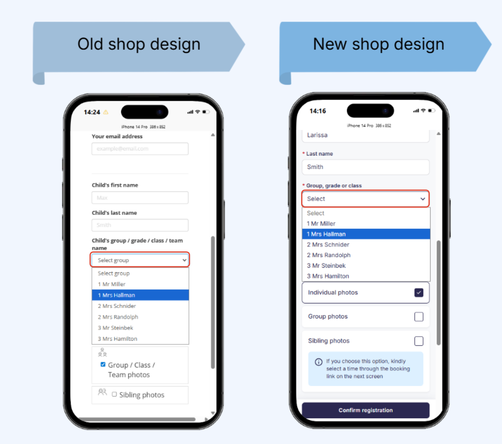 Old shop design: Registration form with group selection dropdown