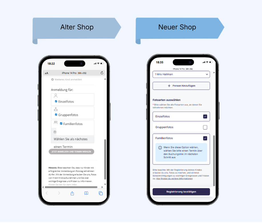 Vergleich der Vorregistrierung im alten und neuen Shop auf dem Smartphone.