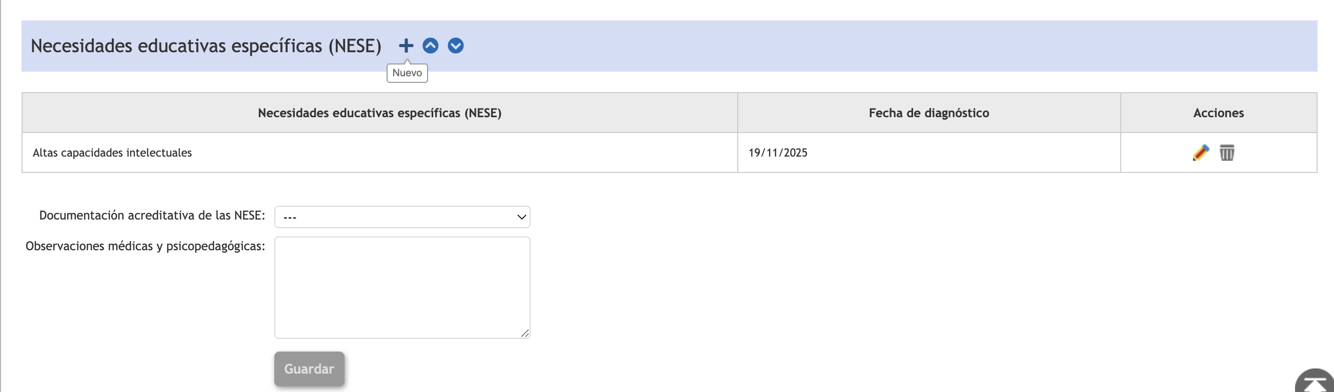 Interfaz de usuario gráfica, muestra cómo Añadir una Necesidad educativa específica.