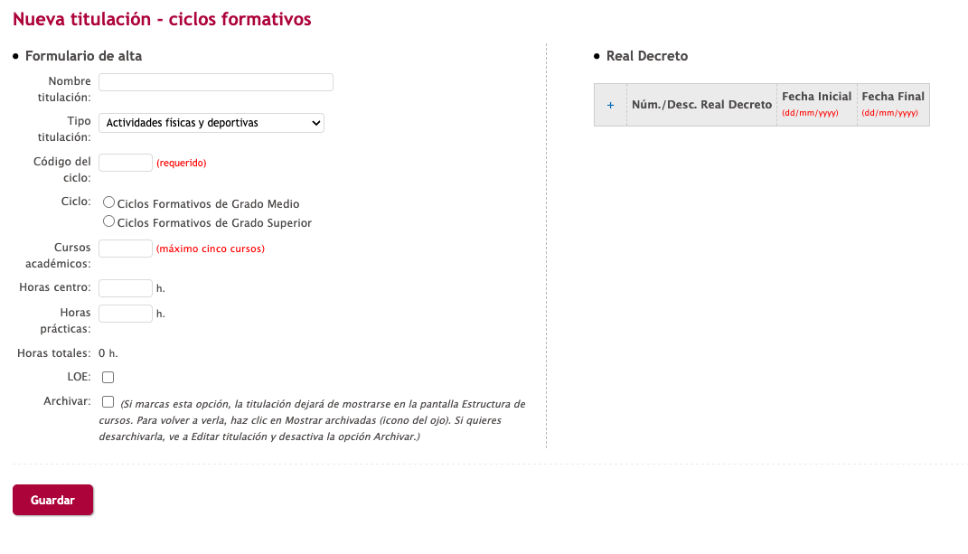 Interfaz de usuario gráfica, muestra cómo Archivar una titulación.