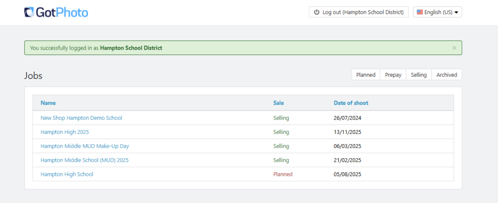 School Portal start page showing an overview of connected jobs and statistics.