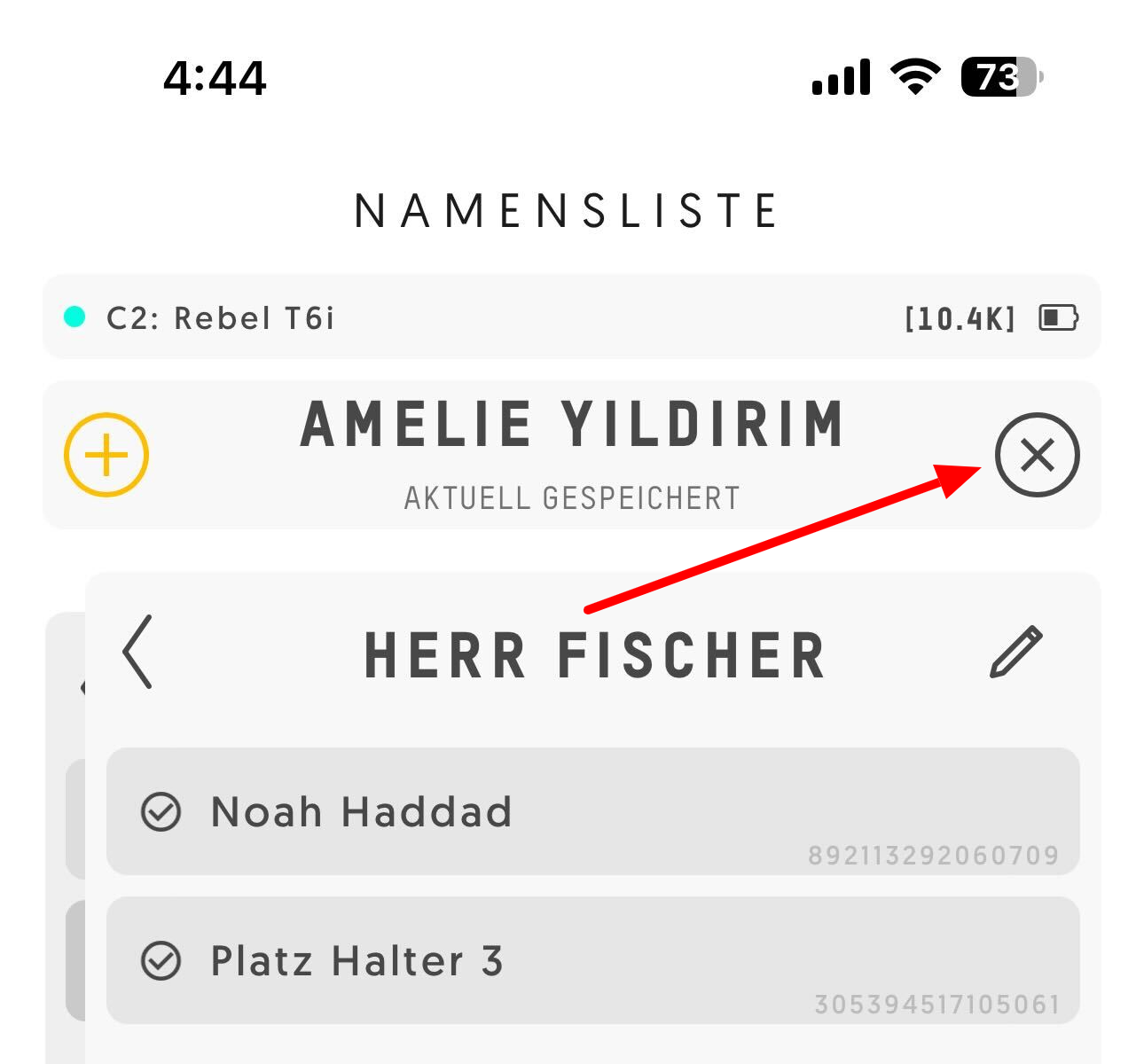 X-Symbol in der App zum Löschen des aktuell gespeicherten Codes