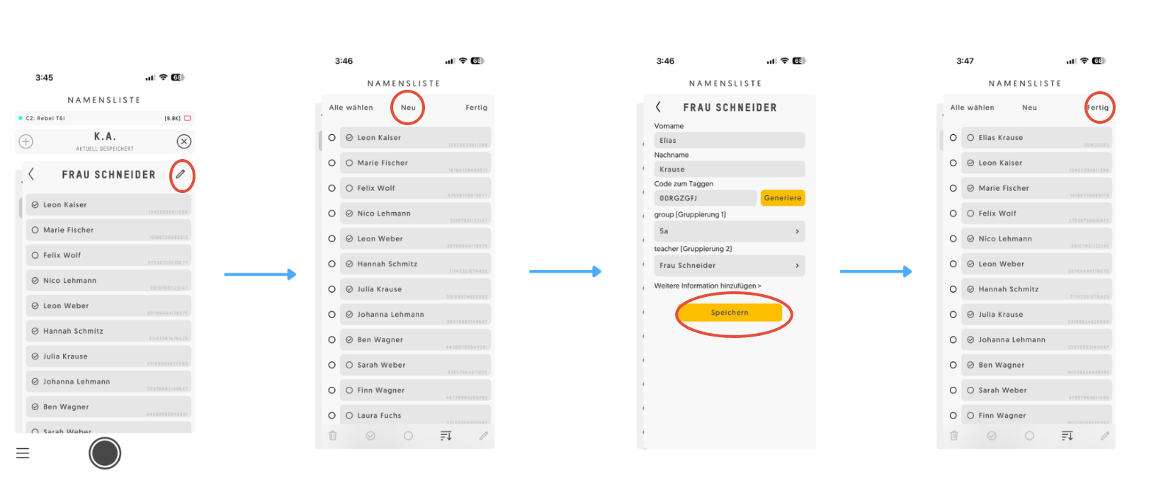 Formular zum Hinzufügen einer neuen Person mit Code-Generierung