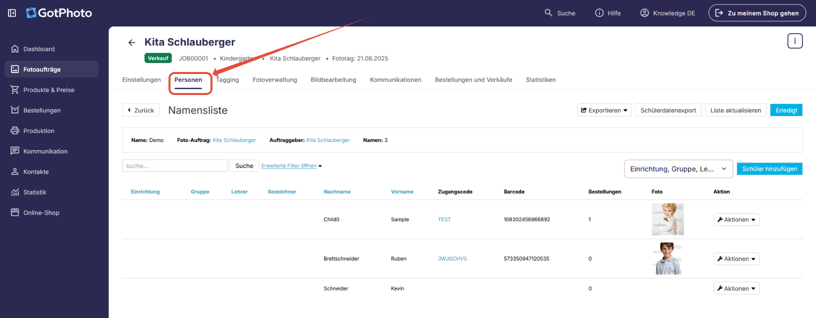 Reiter Subjects mit Schülerliste und Bearbeitungsoptionen