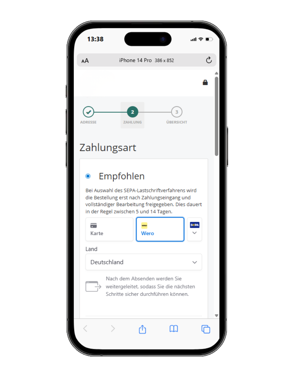 Screenshots der Zahlunsgart-Seite im Warenkorb