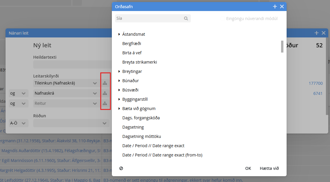 Dæmi um val á reitum úr öðrum einingum