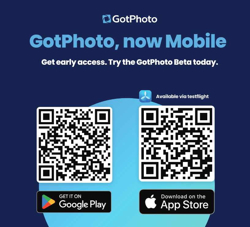 QR codes for downloading the GotPhoto beta app on Android and iOS