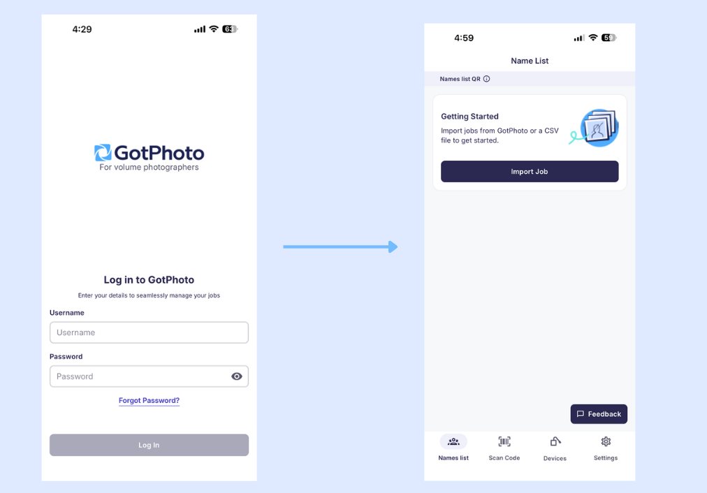 GotPhoto login screen in the beta app