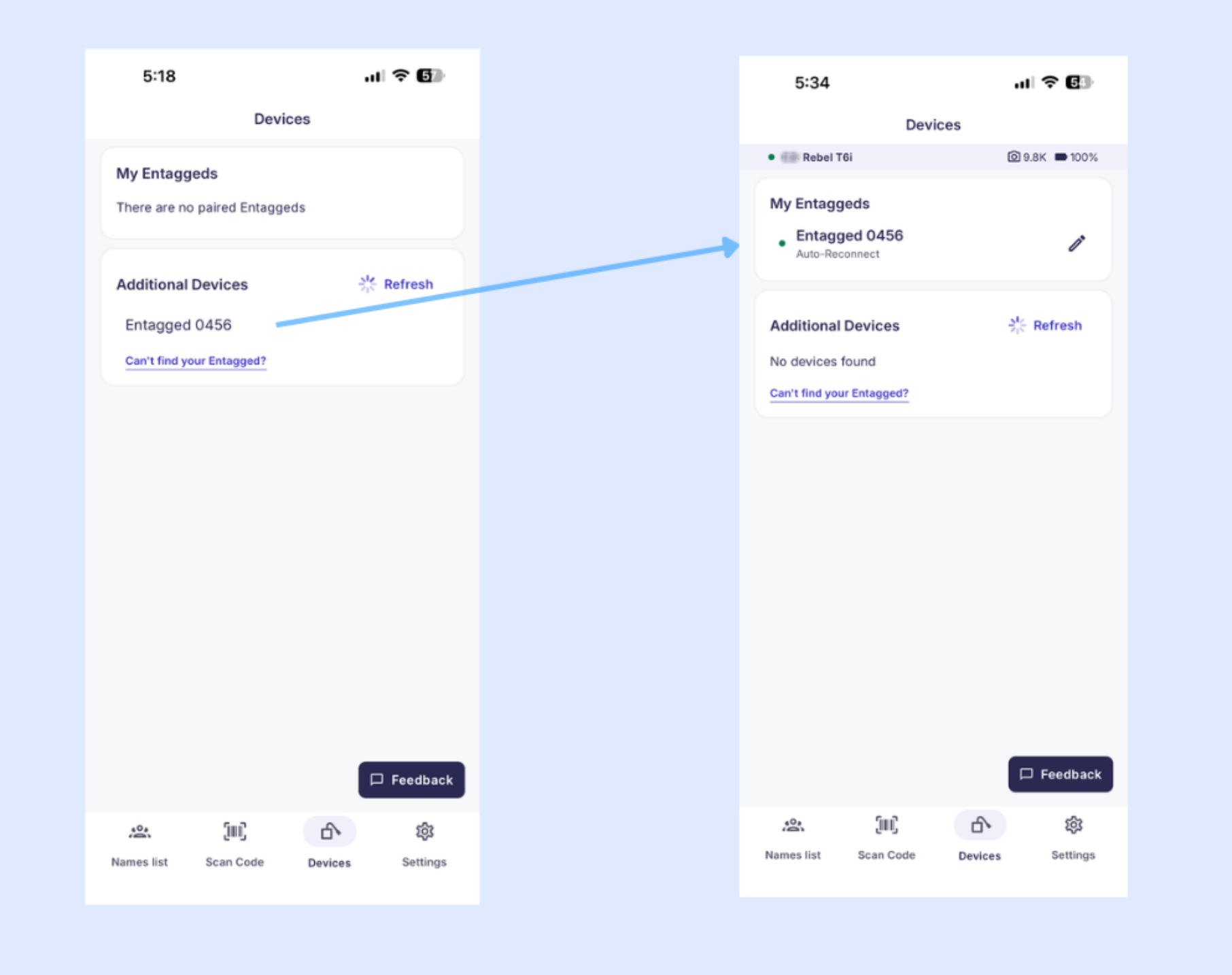 Devices screen showing paired Entagged devices and additional devices