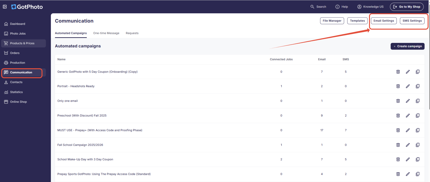 Communication page with Email Settings and SMS Settings buttons