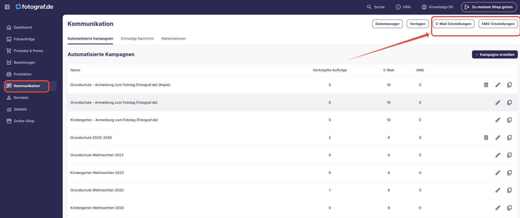 Ansicht des Reiters Kommunikation in den Einstellungen