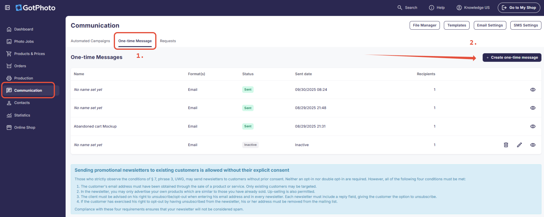 Communication page highlighting the One-Time Message tab