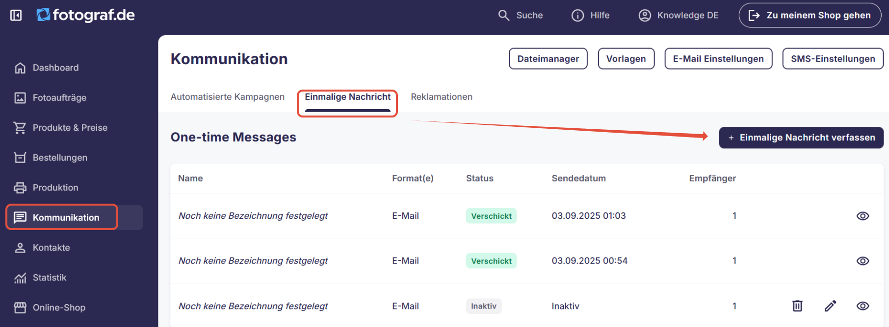 Menü „Kommunikation“ im Adminbereich. Der Reiter „Einmalige Nachricht“ ist ausgewählt, und der Button „Newsletter verfassen“ oben rechts ist zur Erstellung einer neuen Nachricht hervorgehoben.
