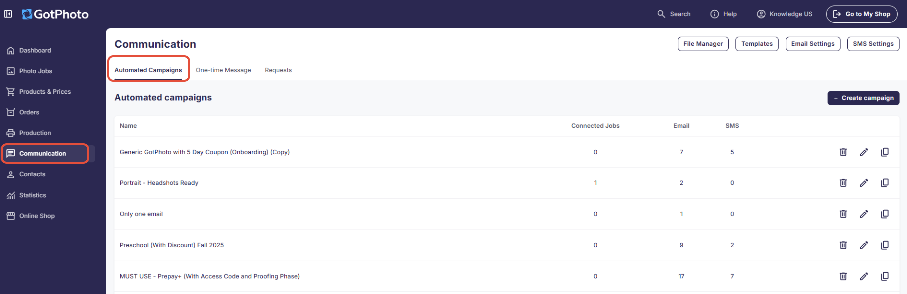 Automated Campaigns tab highlighted in sidebar