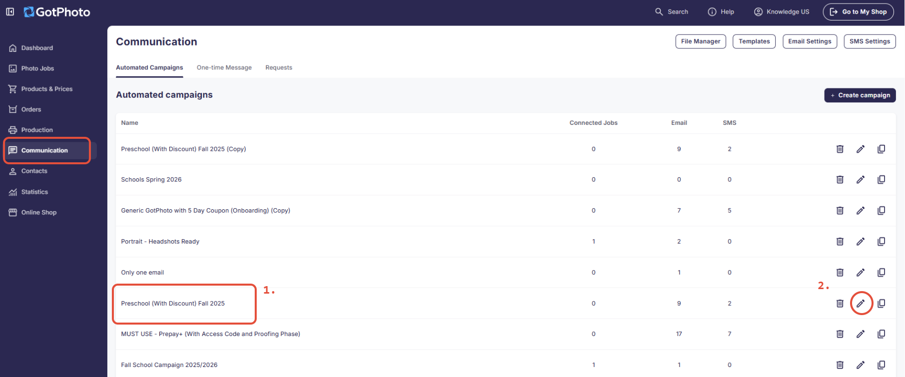 Automated campaigns list showing Actions menu with Edit option