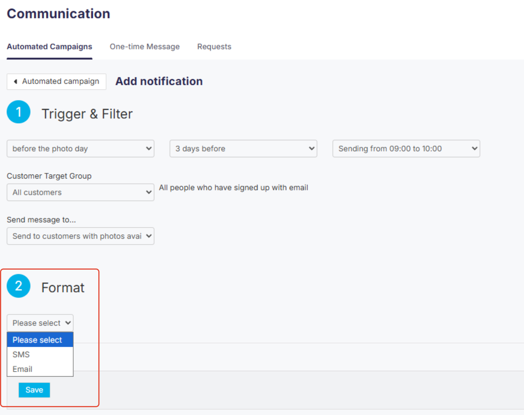 Notification format picker with Email selected