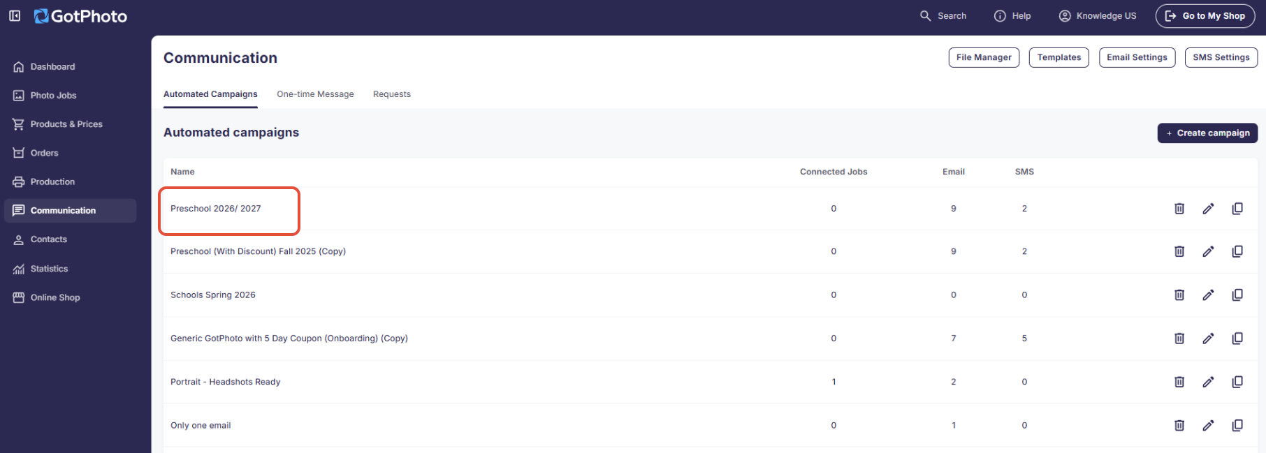Communication profile overview with preview of the email notification