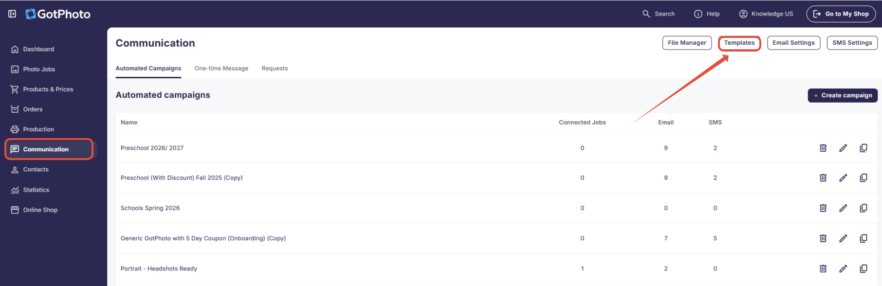 Shows the location of email templates in the Communication section