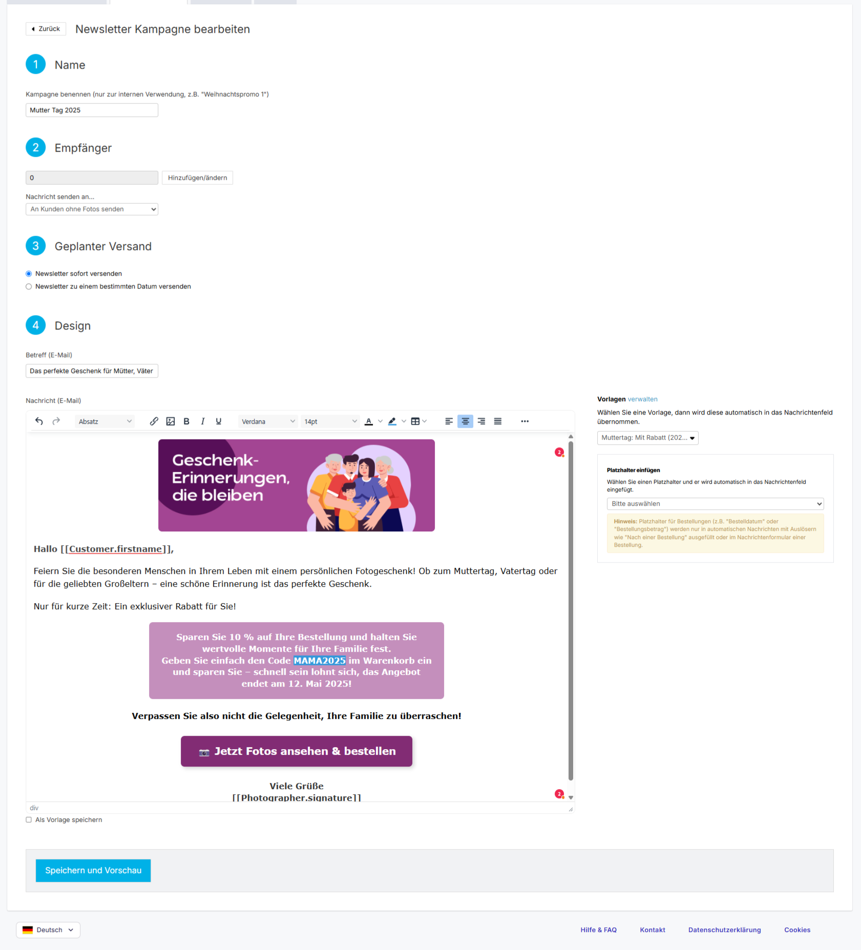 Anpassung der Gutscheinangaben in der E-Mail-Vorlage