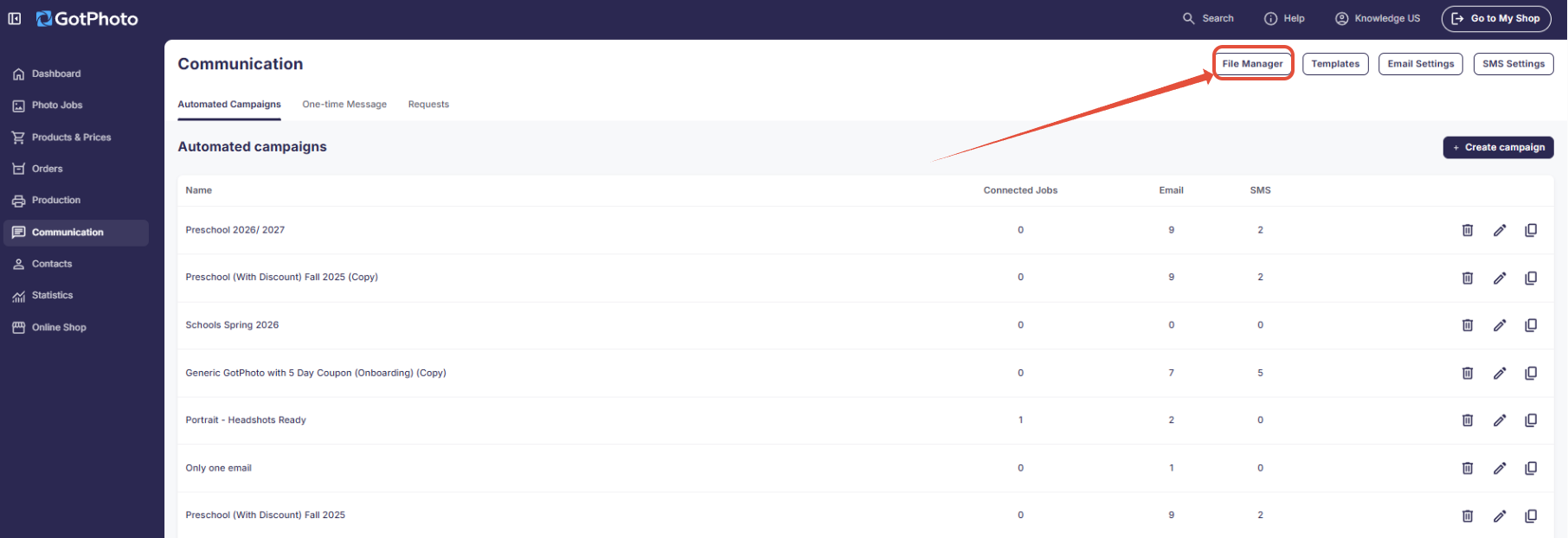 Location of File Manager in the Communication tab