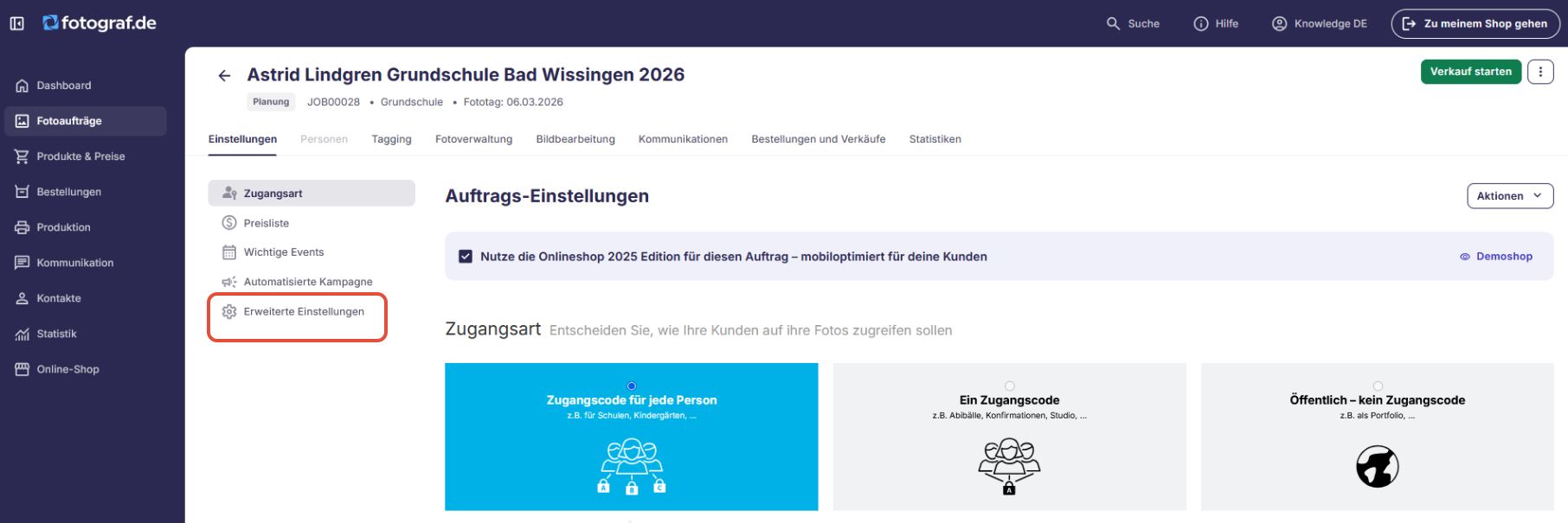Erweiterte Einstellungen auf der Auftragseinstellungenseite