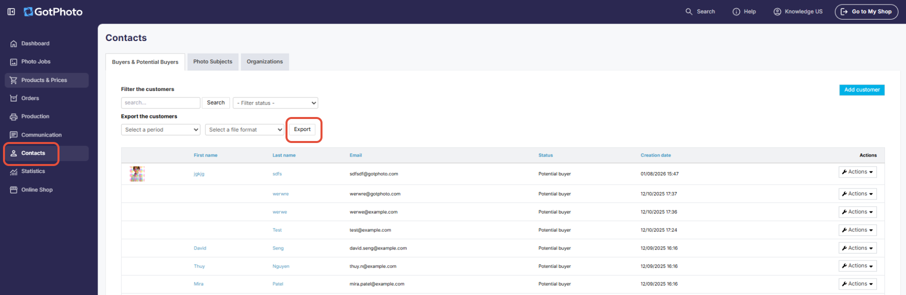 Customer export options