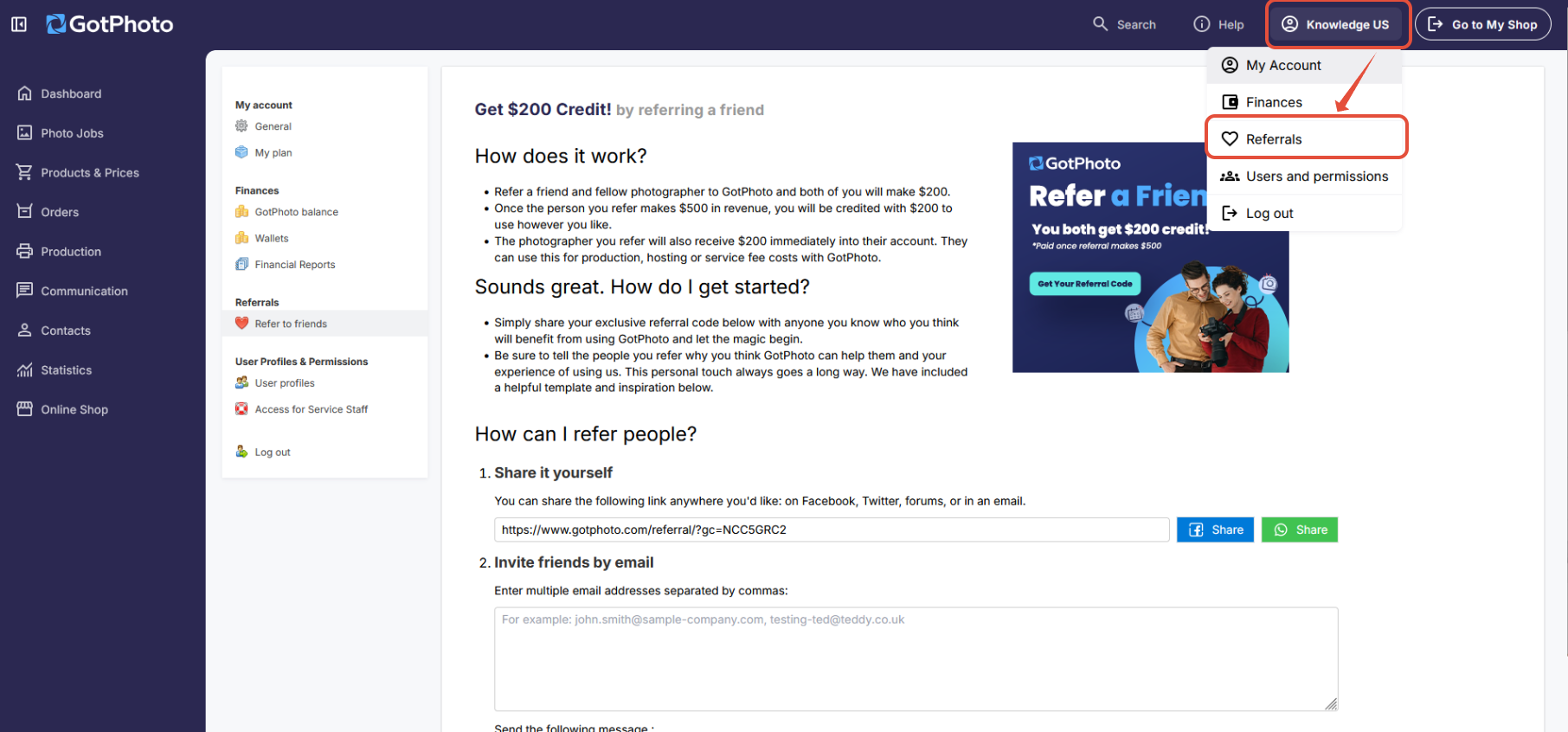 GotPhoto admin dashboard showing the user menu in the top-right corner with the 'Referrals' option selected from the dropdown list.
