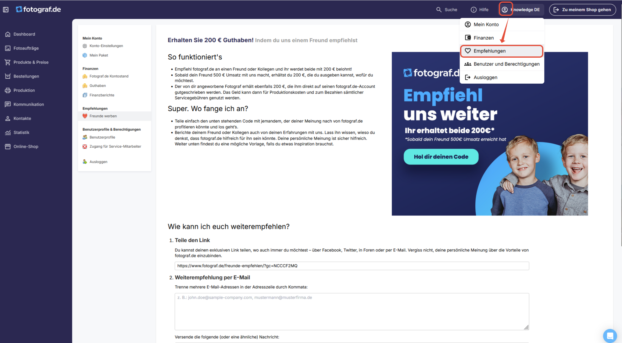 fotograf.de/GotPhoto Admin-Bereich mit geöffnetem Benutzer-Menü oben rechts, in dem die Option „Empfehlungen“ im Dropdown sichtbar ist.