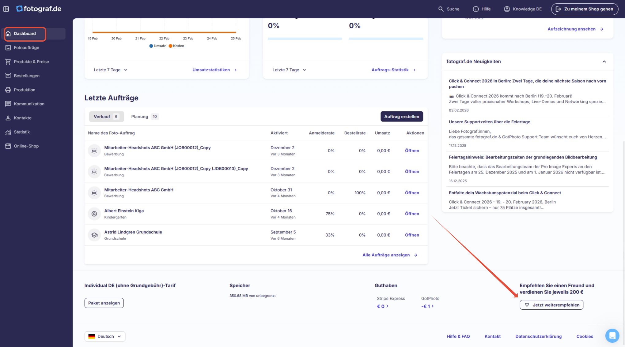 fotograf.de/GotPhoto Dashboard mit dem Abschnitt „Empfehlen Sie einen Freund und verdienen Sie jeweils 200 €“ unten rechts sowie dem Button „Jetzt weiterempfehlen“.