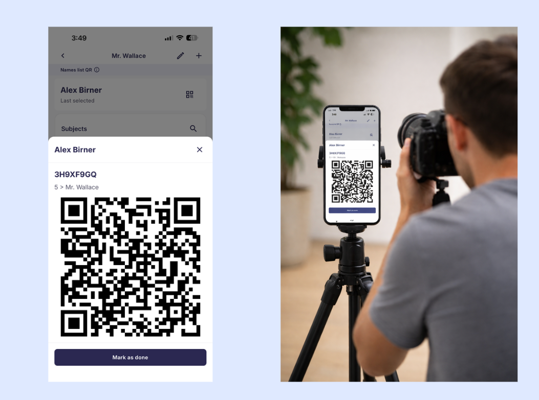 Name List QR interface showing digital QR selection