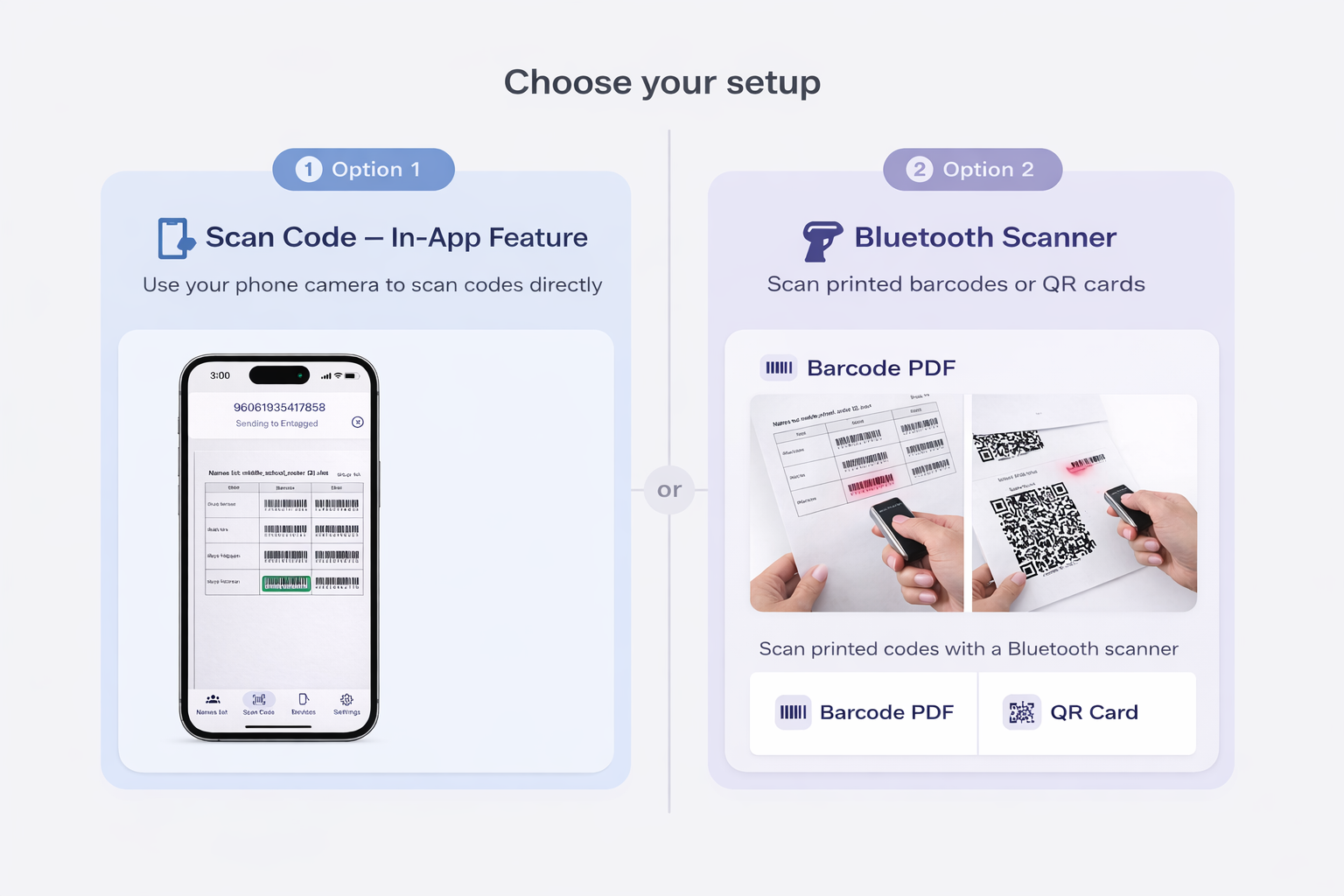 Scan code screen with barcode scanning interface