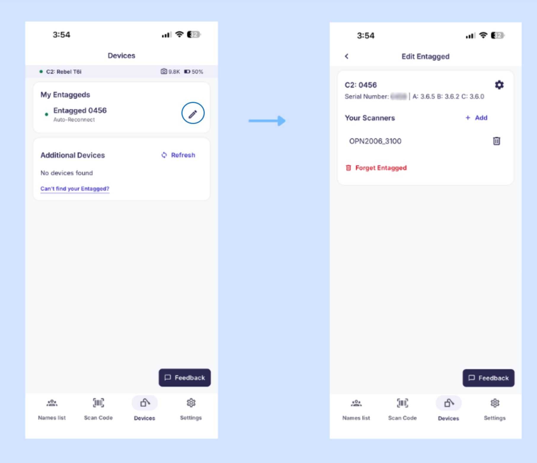 Devices screen showing paired Entagged and Bluetooth scanner options